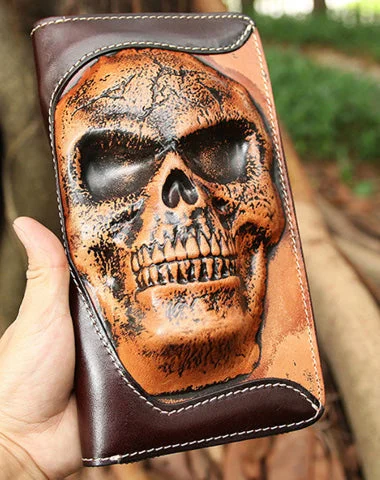 Handmade Coffee Leather Tooled Relief Skull Long Wallet Cool Skull Zipper Clutch Wristlet Wallet for Men Handmade Coffee Leather Tooled Relief Skull Long Wallet Cool Skull Zipper Clutch Wristlet Wallet for Men