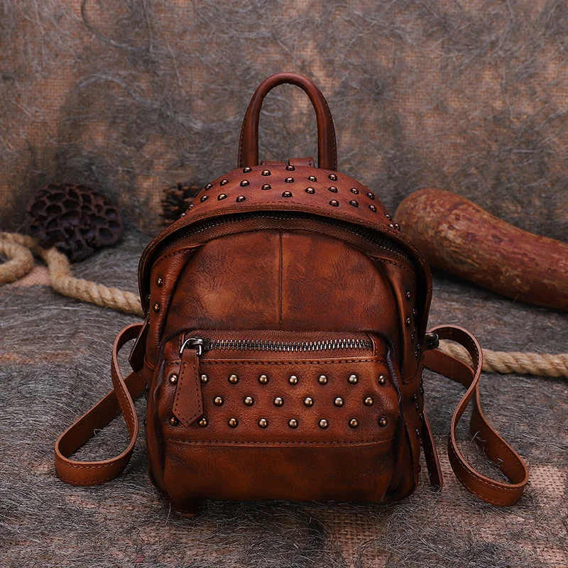 Women's Mini Leather Backpack Purse With Rivets Leather Rucksack For Women