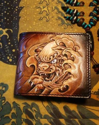 Handmade Leather Chinese Lion Tooled Mens billfold Wallet Cool Leather Wallet Slim Wallet for Men Handmade Leather Chinese Lion Tooled Mens billfold Wallet Cool Leather Wallet Slim Wallet for Men