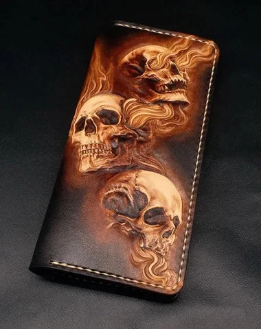 Dark Coffee Handmade Tooled Three Skulls Leather Mens Long Wallet Bifold Clutch For Men Dark Coffee Handmade Tooled Three Skulls Leather Mens Long Wallet Bifold Clutch For Men
