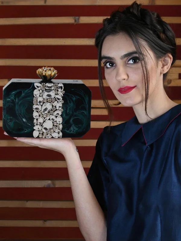 Odette Women Green Resin Heavily Studded Clutch