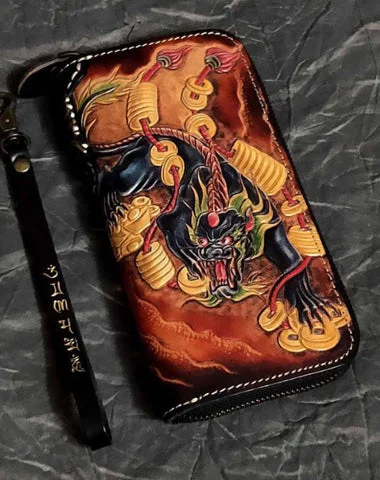 Badass Black Leather Men's Long Biker Handmade Wallet Beast Tooled Zipper Long Chain Wallets For Men Badass Black Leather Men's Long Biker Handmade Wallet Beast Tooled Zipper Long Chain Wallets For Men