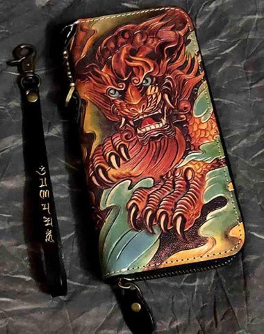 Badass Black Leather Men's Long Biker Handmade Wallet God Beast Tooled Zipper Long Chain Wallets For Men Badass Black Leather Men's Long Biker Handmade Wallet God Beast Tooled Zipper Long Chain Wallets For Men