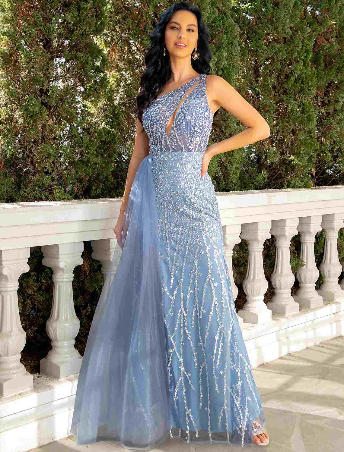Mermaid / Trumpet Evening Gown Cut Out Dress Wedding Party Floor Length Sleeveless One Shoulder Tulle with Sequin Mermaid / Trumpet Evening Gown Cut Out Dress Wedding Party Floor Length Sleeveless One Shoulder Tulle with Sequin