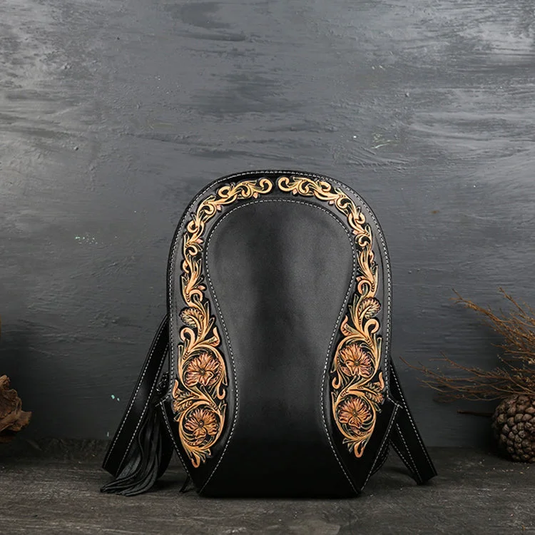Small Ladies Tooled Leather Backpack Purse Boho Rucksack Bag For Women