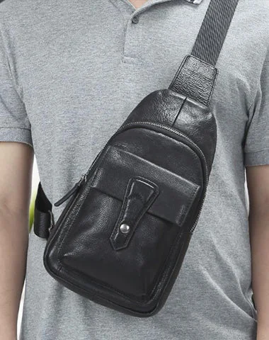 Black Mens Leather Sling Bag Chest Bag One shoulder Black Backpack Sports Bag For Men Black Mens Leather Sling Bag Chest Bag One shoulder Black Backpack Sports Bag For Men