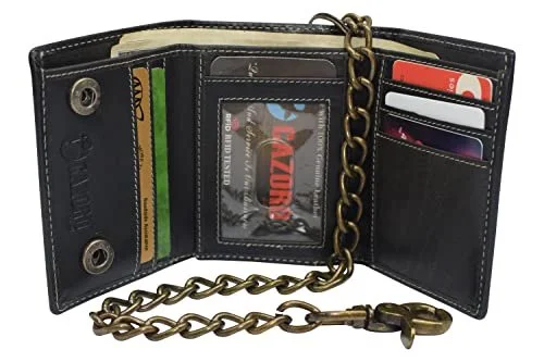 RFID Blocking Men's Tri-fold Vintage Biker Vintage Buffalo Leather Steel Chain Wallet Snap closure RFID Blocking Men's Tri-fold Vintage Biker Vintage Buffalo Leather Steel Chain Wallet Snap closure