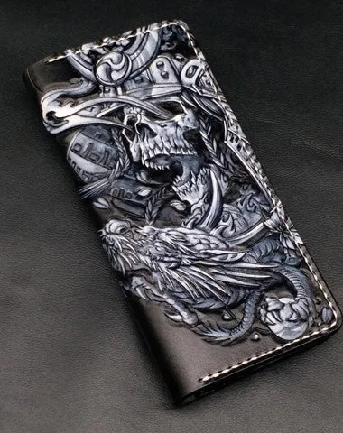 Black Handmade Tooled Japanese Samurai Skull Leather Mens Long Wallet Bifold Long Wallet For Men Black Handmade Tooled Japanese Samurai Skull Leather Mens Long Wallet Bifold Long Wallet For Men