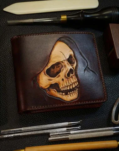 Handmade Leather Skull Tooled Mens Billfold Wallet Death Leather Wallet Slim Wallet for Men Handmade Leather Skull Tooled Mens Billfold Wallet Death Leather Wallet Slim Wallet for Men