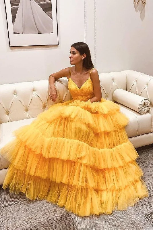 Layers Tulle Yellow Prom Dresses with Ruching Bodice
