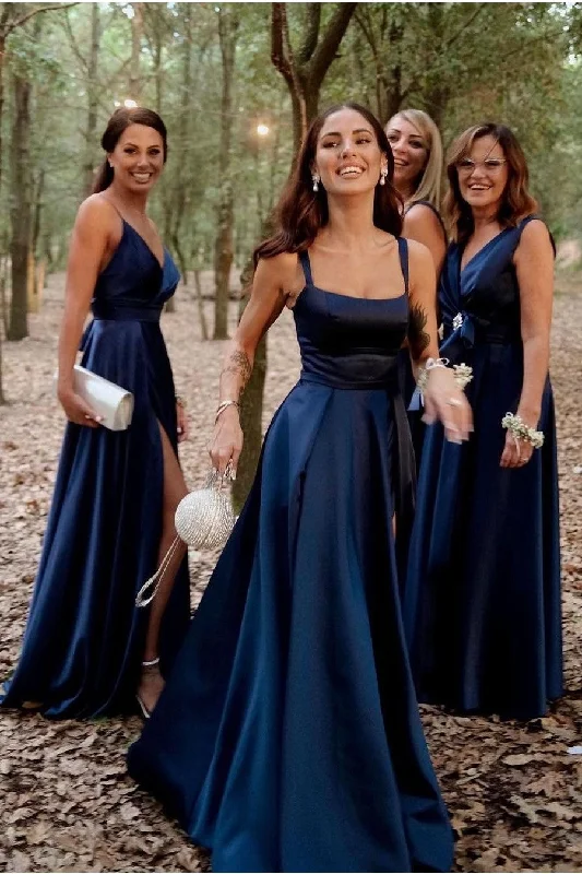 Navy Blue Satin Bridesmaid Dress with Square Neck