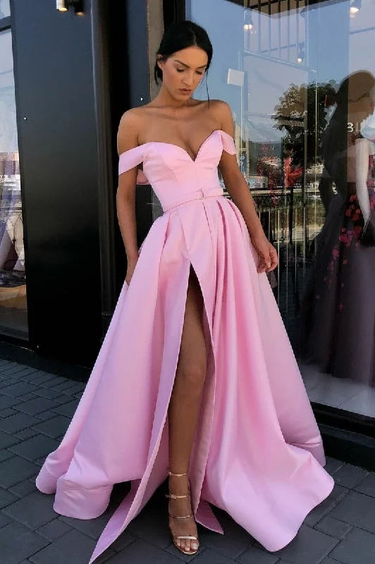 Off-the-shoulder Pink Satin Long Prom Gown with High Thigh Slit