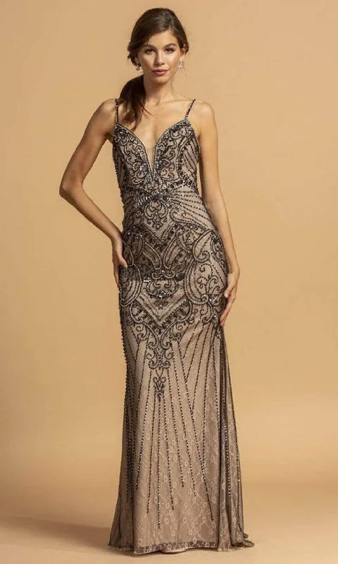 Aspeed Design - L2176 Plunging V-Neck Beaded Evening Dress