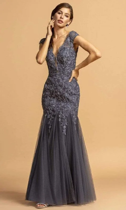 Aspeed Design - L2178 Cap Sleeve Scalloped V-Neck Long Dress