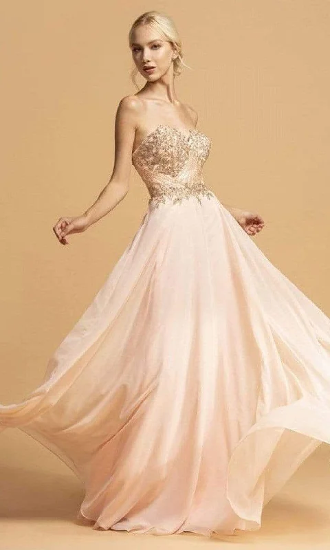 Aspeed Design - L2214 Strapless Metallic Applique A-Line Dress