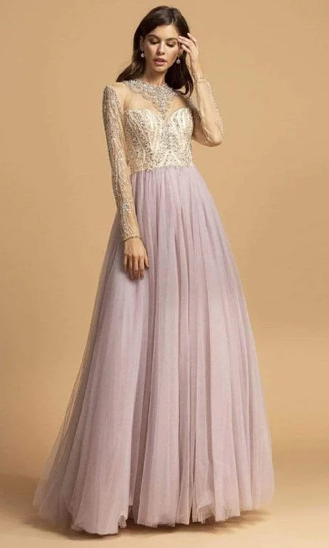 Aspeed Design - L2217 Bejeweled Illusion Long Sleeve Dress
