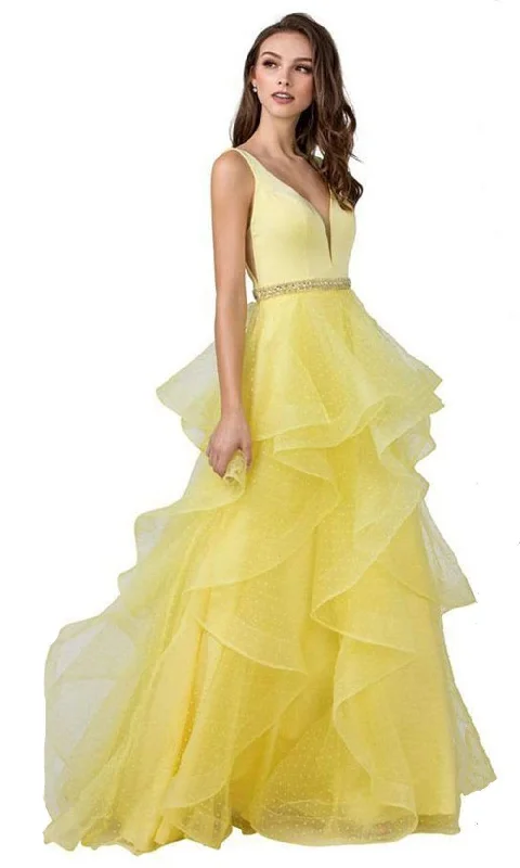 Aspeed Design - L2296 Deep V-Neck Tiered A-Line Dress